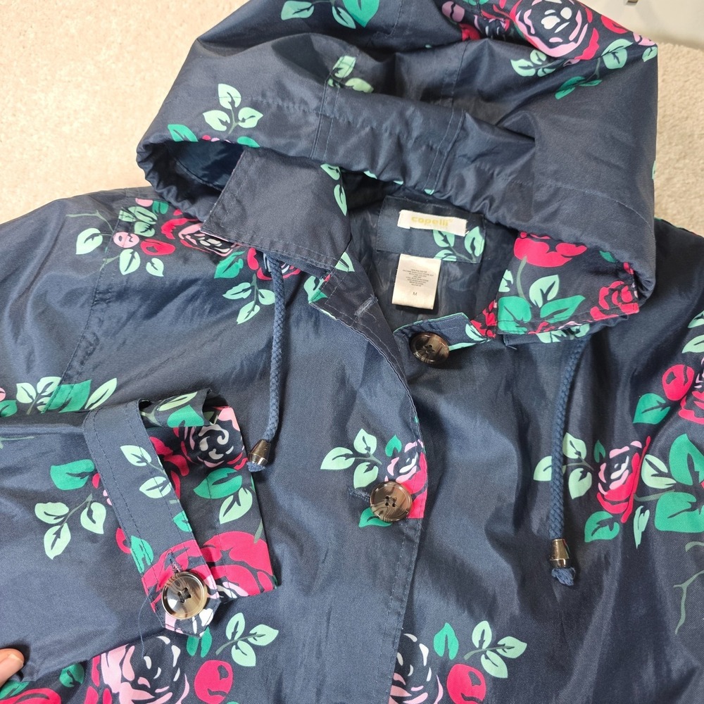 Capelli New York Raincoat Womens M Navy Blue Hooded Belted Floral Button Front